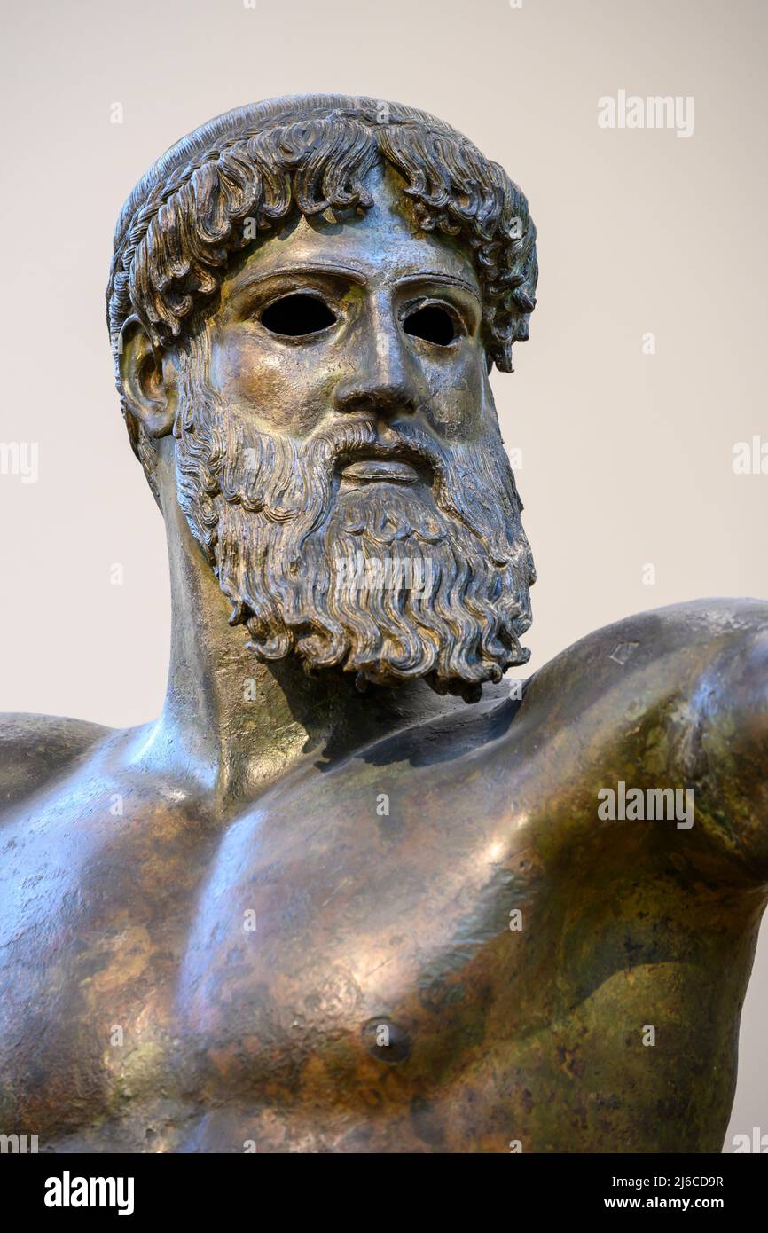 Head and detail of a bronze statue of Zeus or possibly Poseidon. Found in the sea of Cape Artemision, Northern Euboea. Classical Period 460 BC. One of Stock Photo