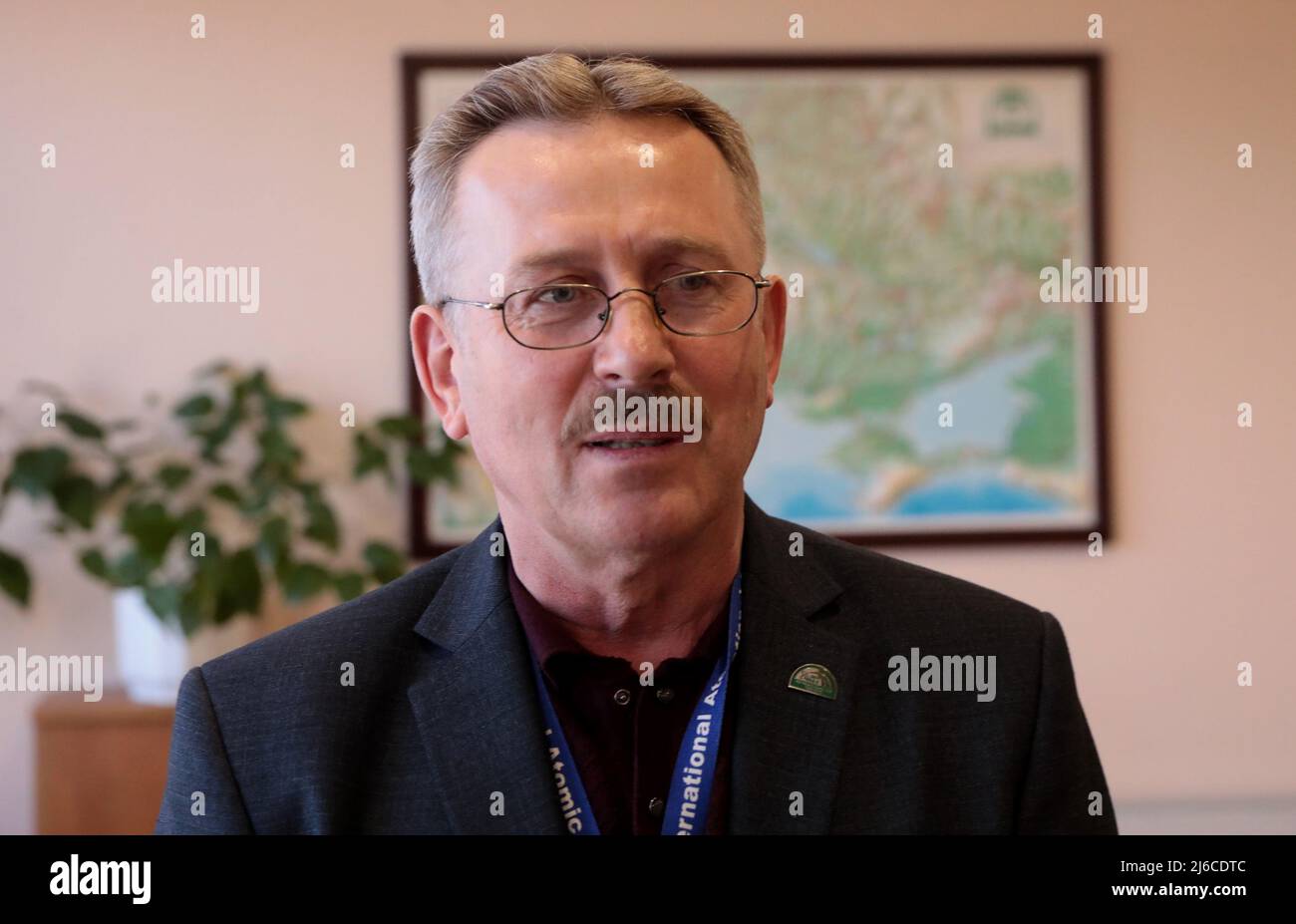 KYIV REGION, UKRAINE - APRIL 28, 2022 - Deputy Technical Director for Radioactive Waste Management Oleksandr Skomarokhov speaks to the press about the Stock Photo