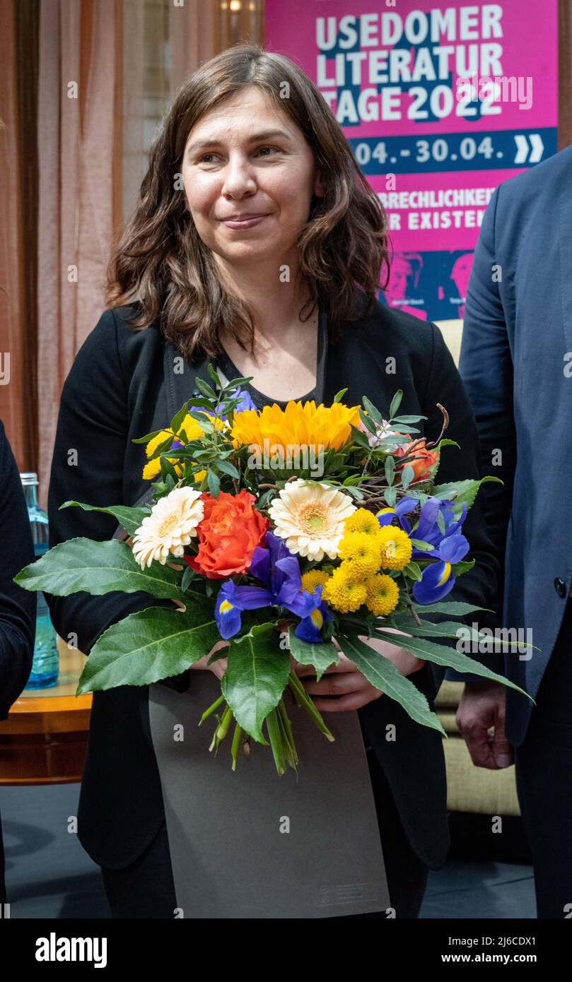 30 April 2022, Mecklenburg-Western Pomerania, Ahlbeck: Tanya Maljartschuk, Ukrainian writer, stands at the award ceremony of the Usedom Literature Prize at Hotel Ahlbecker Hof. At the end of the Usedom Literature Days, the 39-year-old author was awarded the 5,000 euro prize for her book 'Blue Whale of Memory'. Photo: Stefan Sauer/dpa Stock Photo