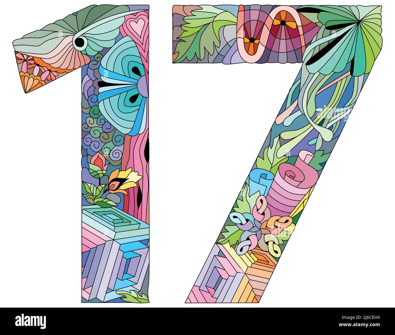 Seventeen number Isolated zentangle illustration for decoration Stock