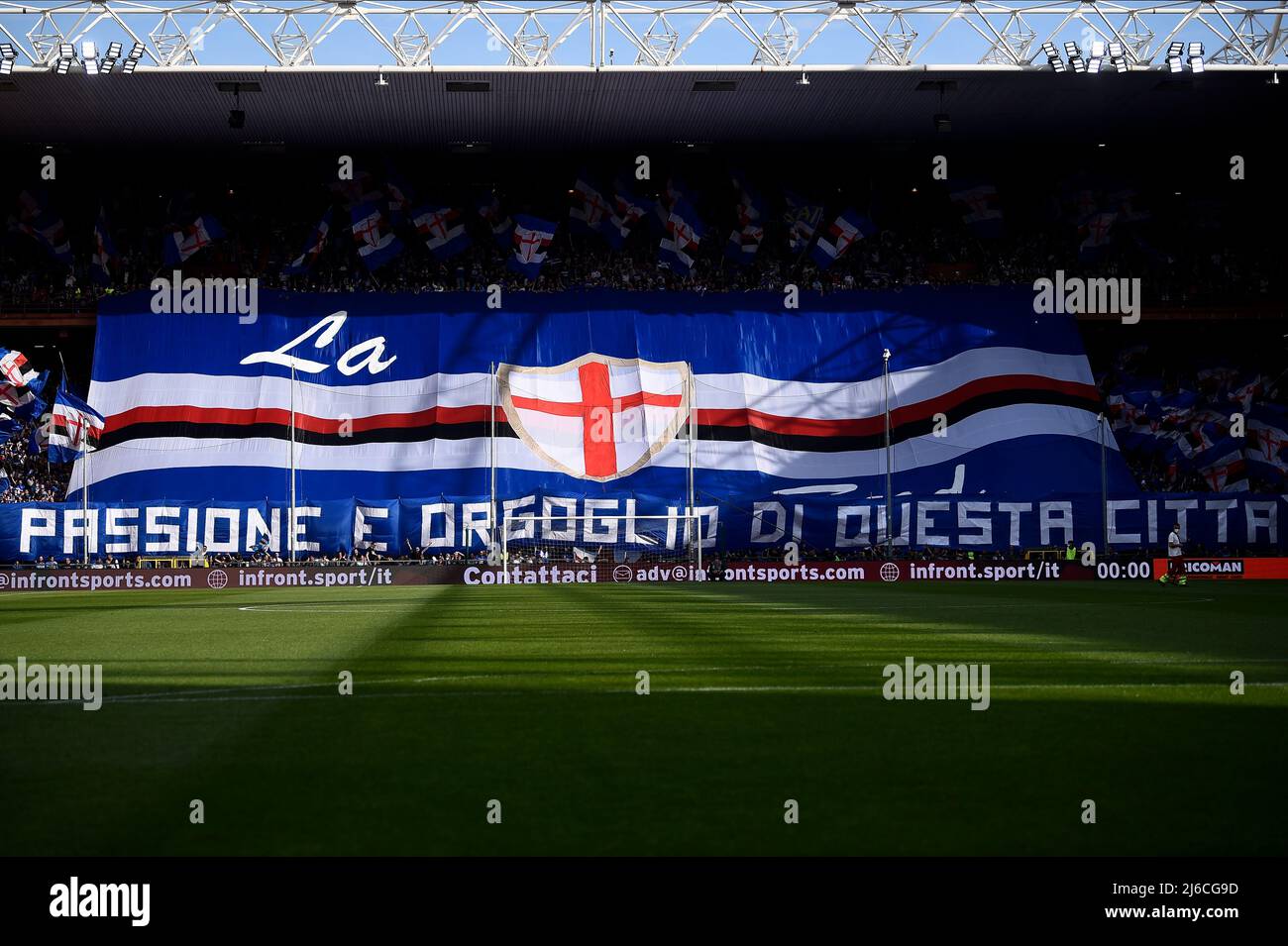 Genoa, Italy. 30 April 2022. Antonio Candreva of UC Sampdoria competes for  the ball with Pablo Galdames of Genoa CFC during the Serie A football match  between UC Sampdoria and Genoa CFC.