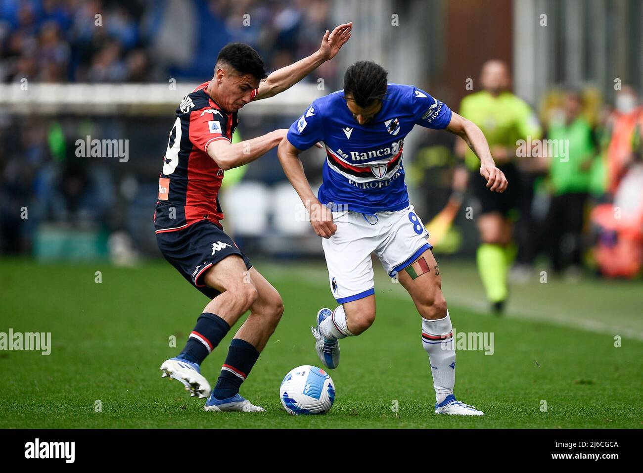 Genoa, Italy. 30 April 2022. Antonio Candreva of UC Sampdoria competes for  the ball with Pablo Galdames of Genoa CFC during the Serie A football match  between UC Sampdoria and Genoa CFC.