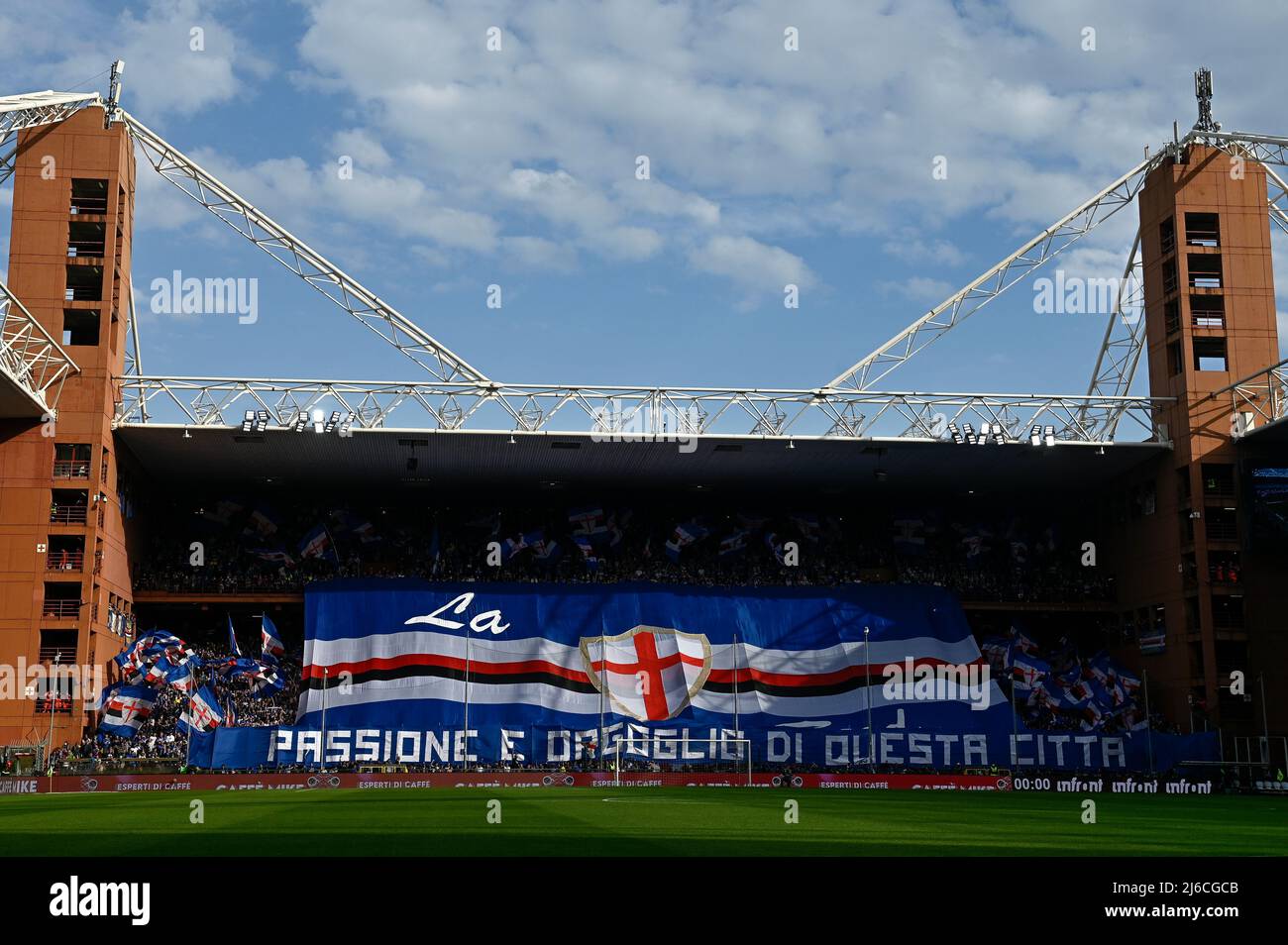 Genoa, Italy. 30 April 2022. Fans of UC Sampdoria show their suport prior  to the Serie