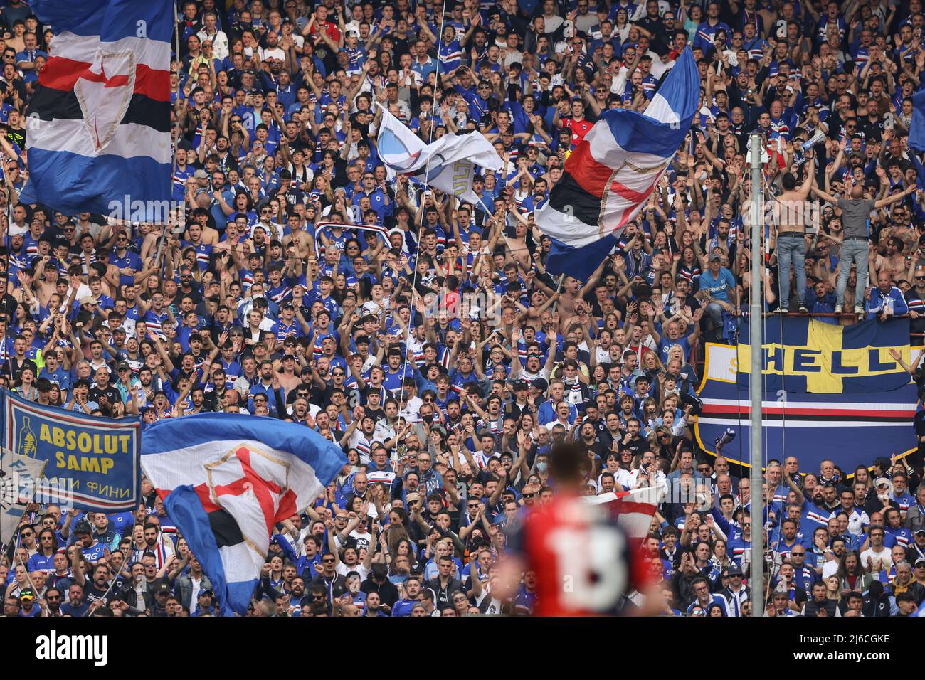 Genoa, Italy. 30 April 2022. Fans of UC Sampdoria show their suport prior  to the Serie