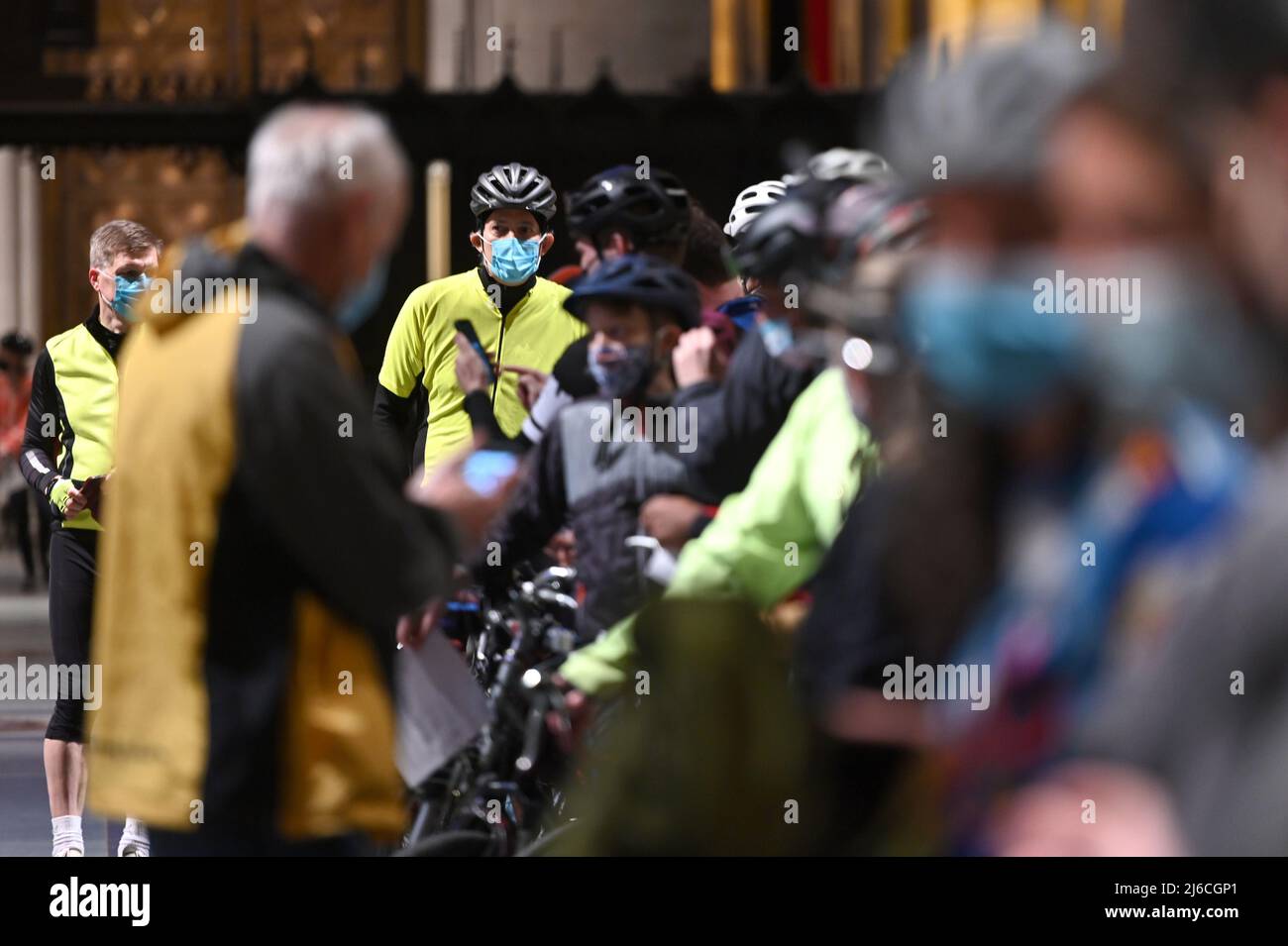 hundreds of cyclistss attend the 24th annual blessing of the bicycles inside The Cathedral of St. John The Divine in New York, NY, April 30, 2022. The annual blessing is ahead of New York City’s 5 Borough bike tour that takes place on Sunday May 1. (Photo by Anthony Behar/Sipa USA) Stock Photo