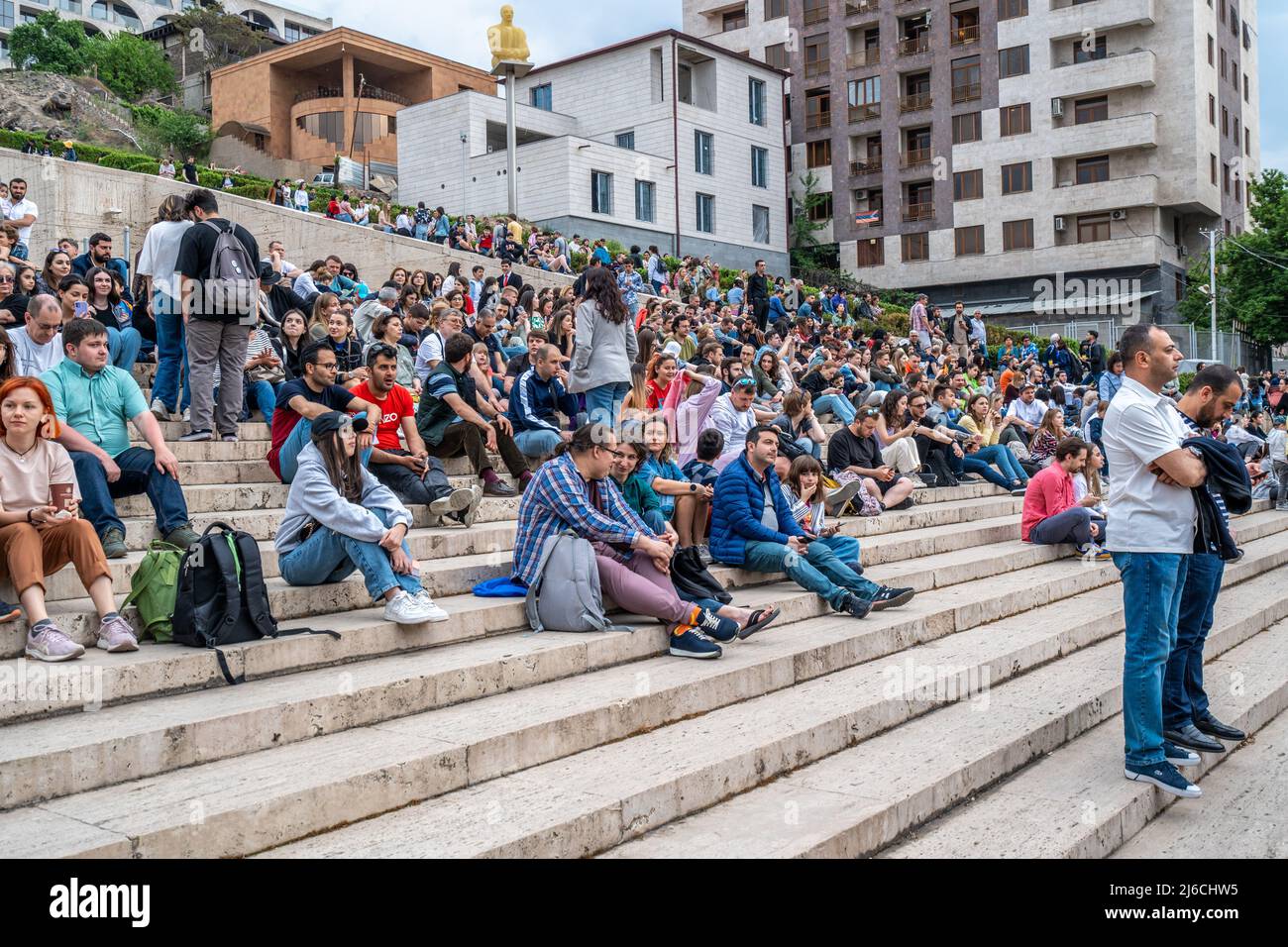 Yerevan, Armenia - April 30, 2022 - People gather around at Cascade