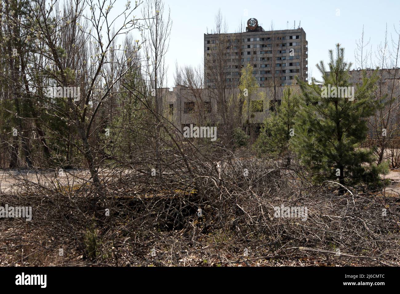 Kyiv Region, Ukraine - April28, 2022 - The Hotel Polissia is situated in the ghost town of Prypiat abandoned after the 1986 Chornobyl disaster, Kyiv Region, northern Ukraine. Photo by Hennadii Minchenko/Ukrinform/ABACAPRESS.COM Stock Photo