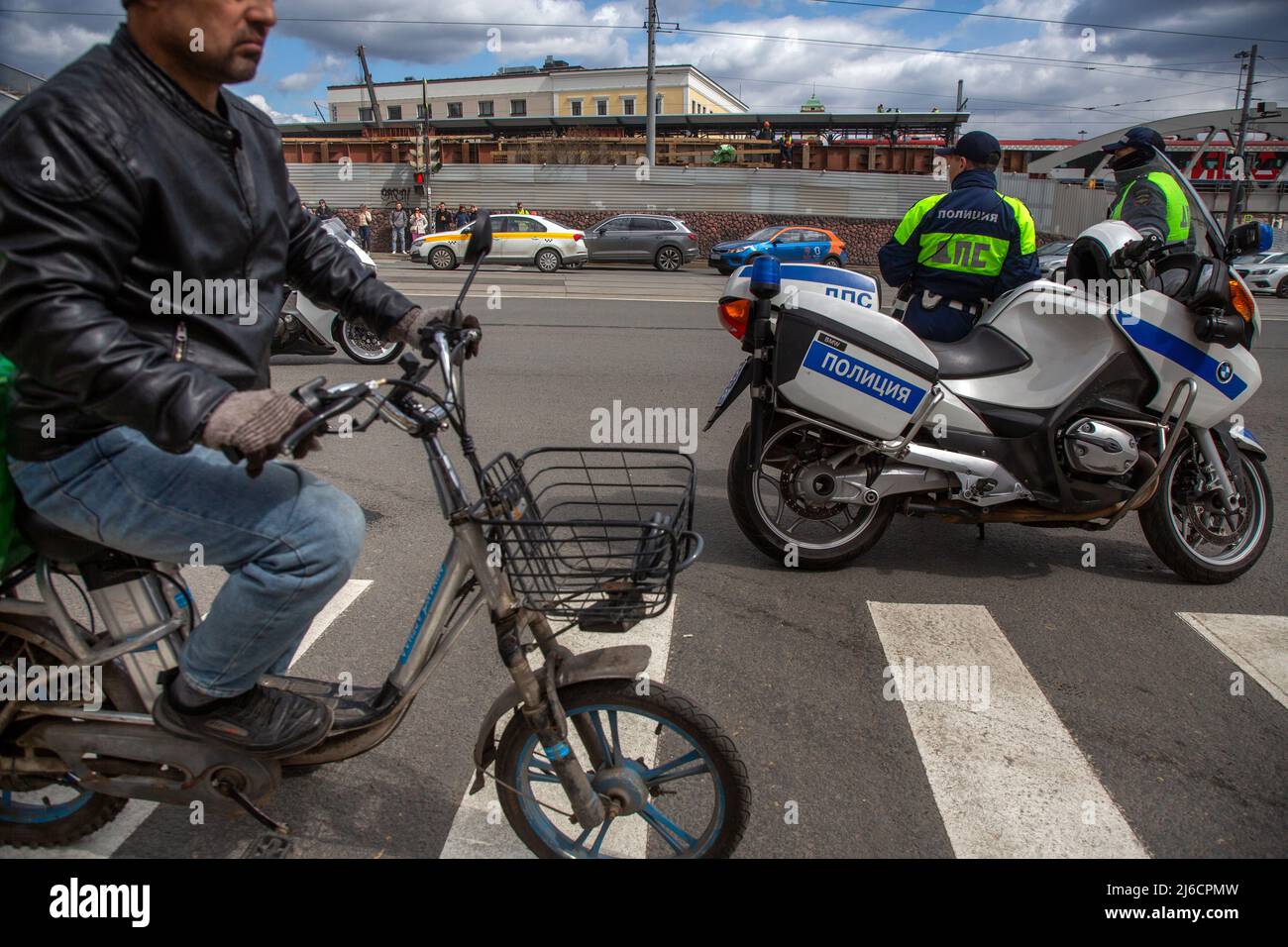 Moscow, Russia. 30th April, 2022 Police officers on motorcycles patrol the street in the center of Moscow, Russia Stock Photo