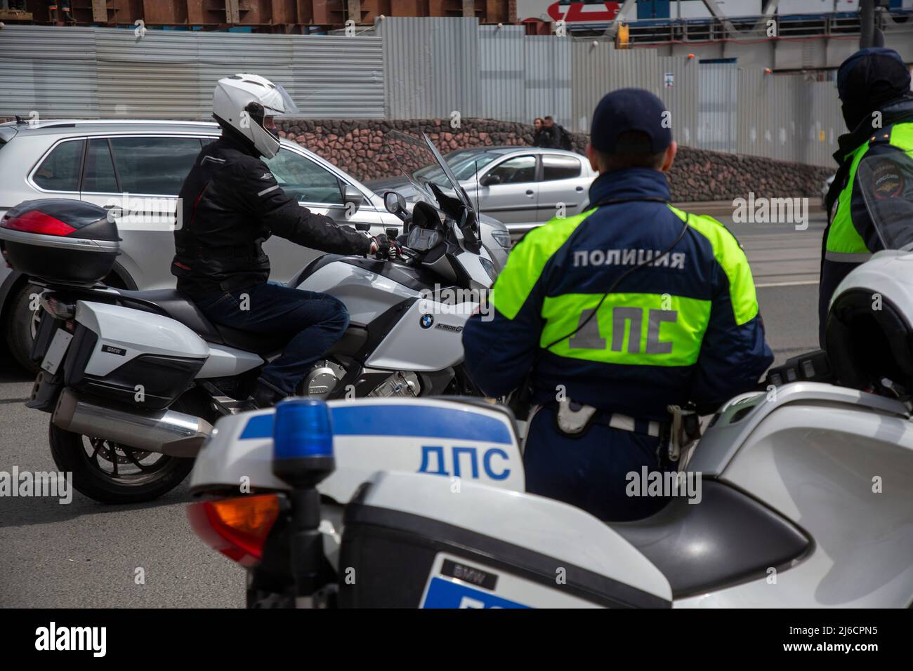 Moscow, Russia. 30th April, 2022 Police officers on motorcycles patrol the street in the center of Moscow, Russia Stock Photo