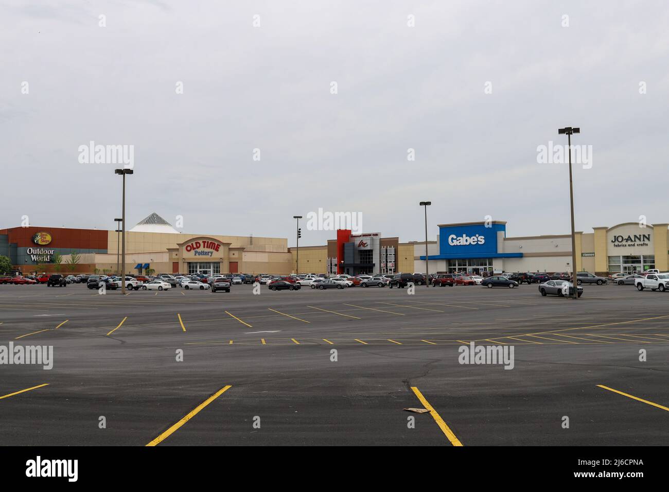 Clarksville, Indiana USA  April 30, 2022: The exterior of buildings of a shopping center in Clarksville,  Indiana Stock Photo