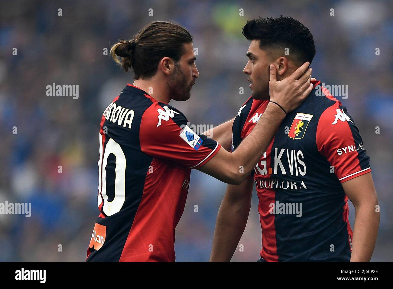 Genoa, Italy. 30 April 2022. Antonio Candreva of UC Sampdoria fouls Nadiem  Amiri of Genoa CFC during the Serie A football match between UC Sampdoria  and Genoa CFC. Credit: Nicolò Campo/Alamy Live