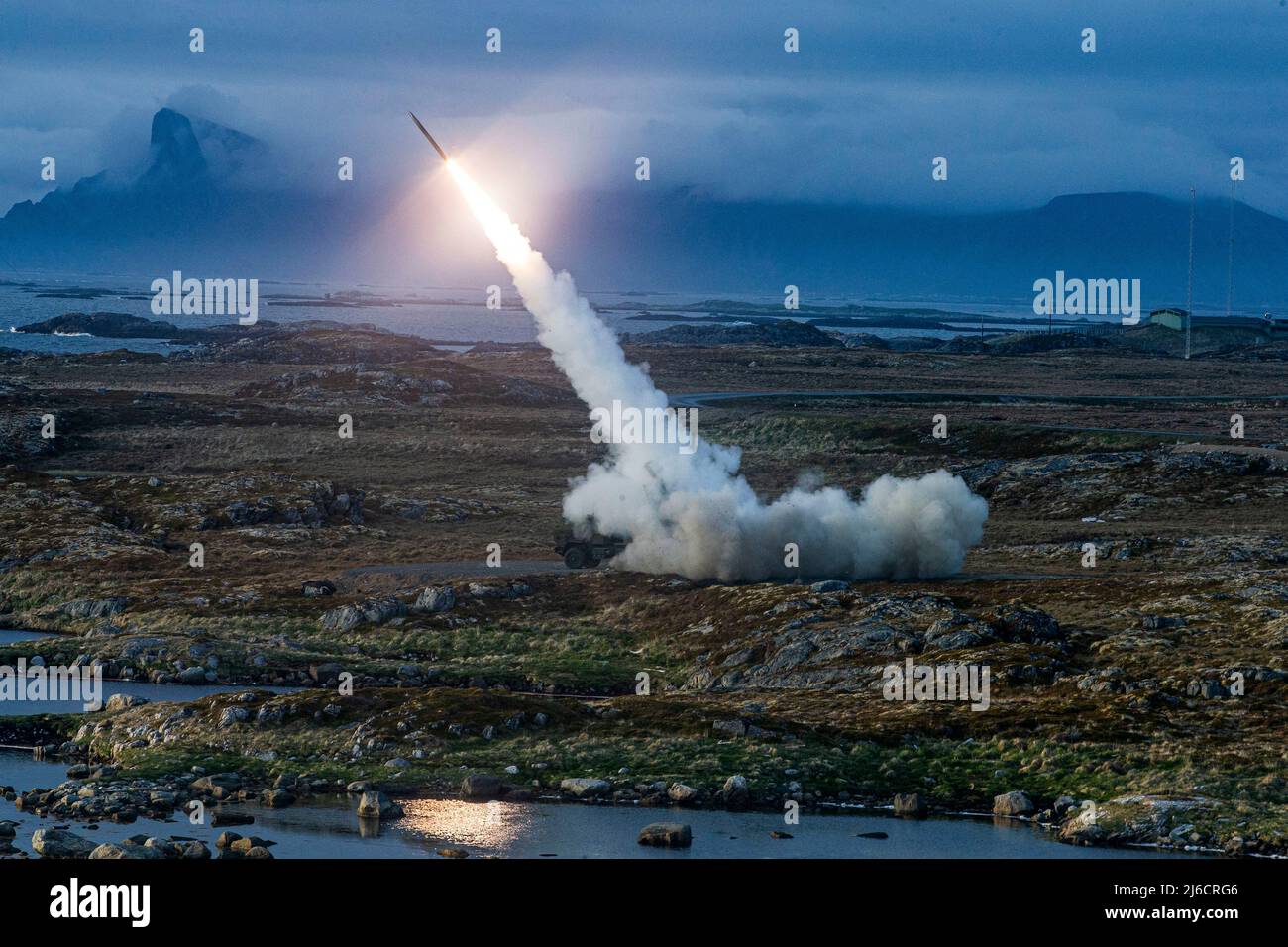 Andoya, Norway. 31 May, 2021. A U.S. Marines Corps M142 High-Mobility Artillery Rocket System known as a HIMARS takes part in a live fire launch during exercise Formidable Shield, May 31, 2021 in Andoya, Norway. Credit: LCpl. Nicholas Guevara/US Marines Photo/Alamy Live News Stock Photo
