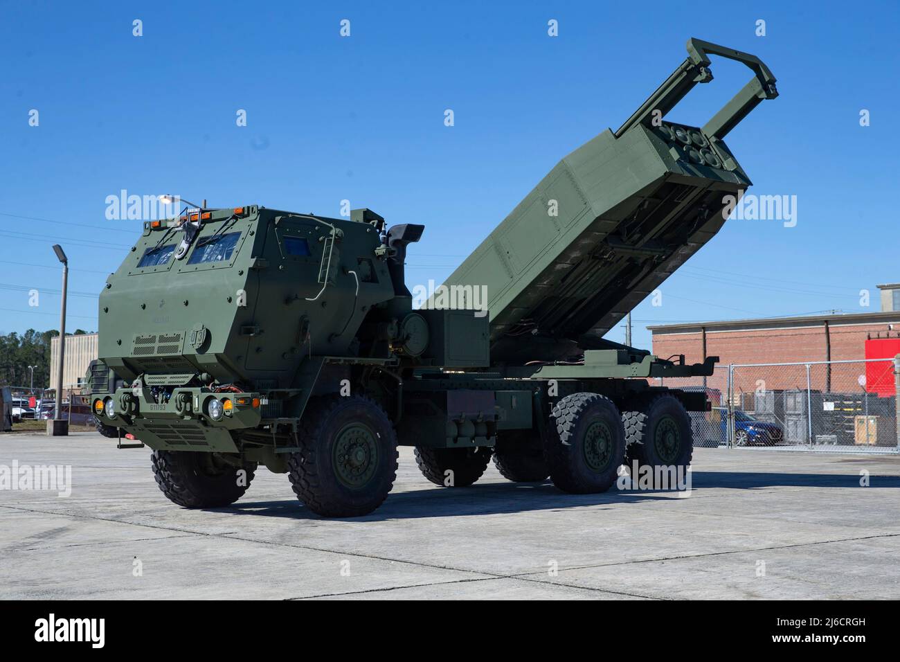 Camp Lejeune, United States. 23 February, 2021. A U.S. Marines Corps M142 High-Mobility Artillery Rocket System known as a HIMARS at Marine Corps Base Camp Lejeune, February 23, 2021 in Jacksonville, North Carolina. Credit: LCpl. Jennifer Reyes/US Marines Photo/Alamy Live News Stock Photo