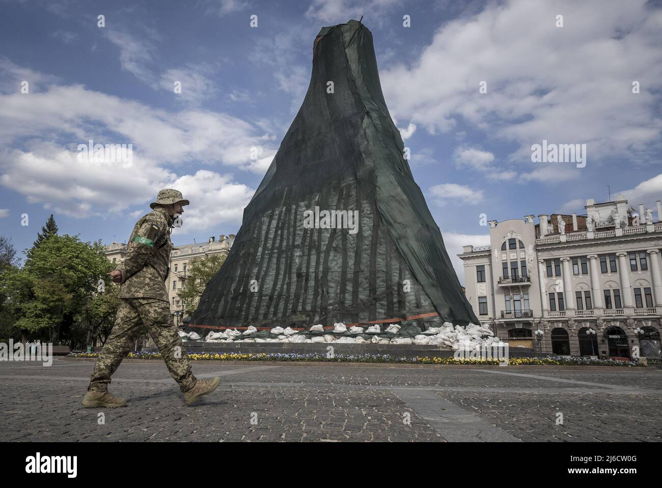 A statue of famous Ukrainian poet Taras Hryhorovych Shevchenk is heavily protected from Russian attacks in the city of Kharkiv, Ukraine Saturday, April 30, 2022. The foreign ministers for Sweden and Finland said their nations remain undecided on membership as their troops conducted training with NATO.     Photo by Ken Cedeno/UPI Stock Photo