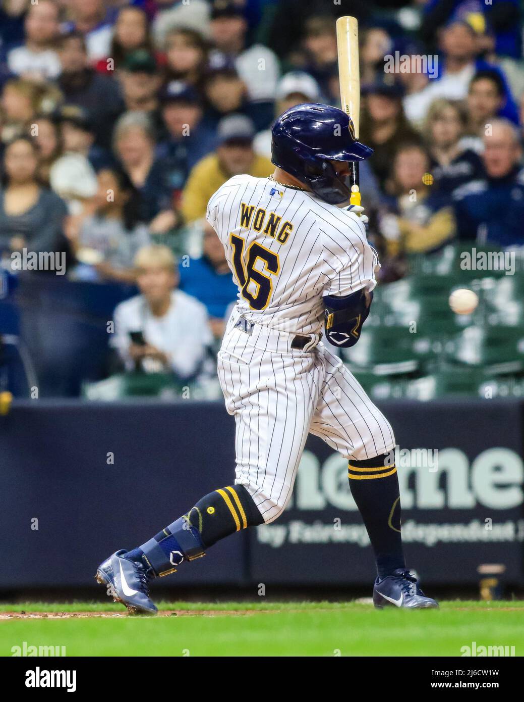 April 29, 2022 - Milwaukee Brewers second baseman Kolten Wong (16) is hit  by a pitch during MLB Baseball action between Chicago and Milwaukee at  Miller Park in Milwaukee, WI.(Credit Image Stock Photo - Alamy