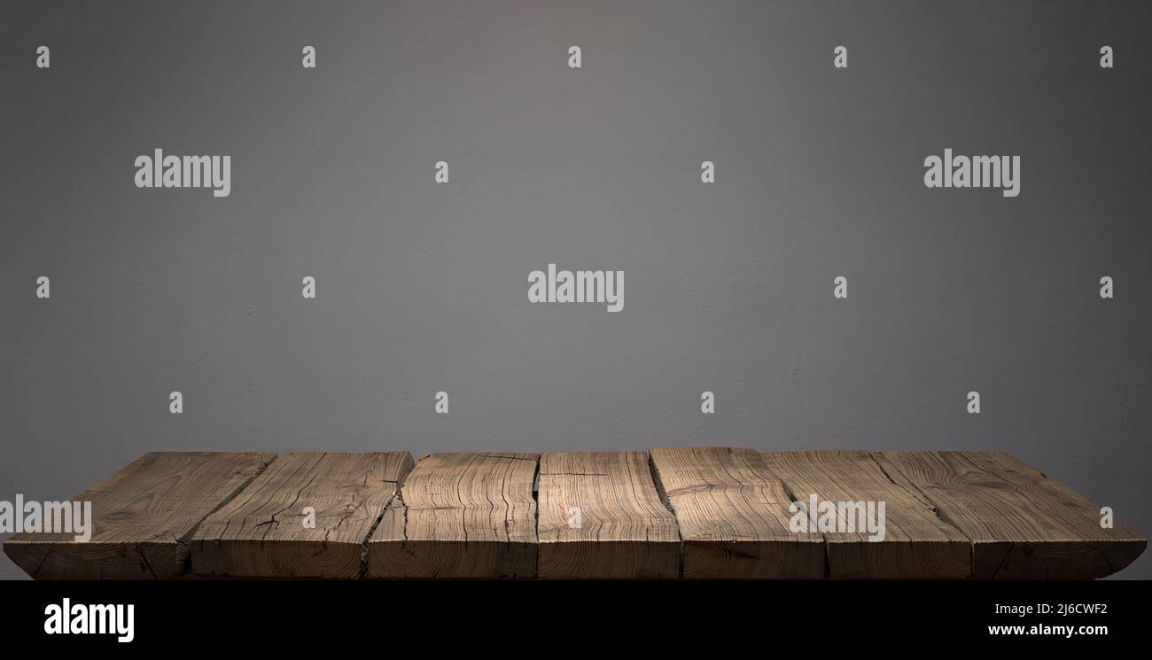 Dark aged wood plank podium or table Stock Photo