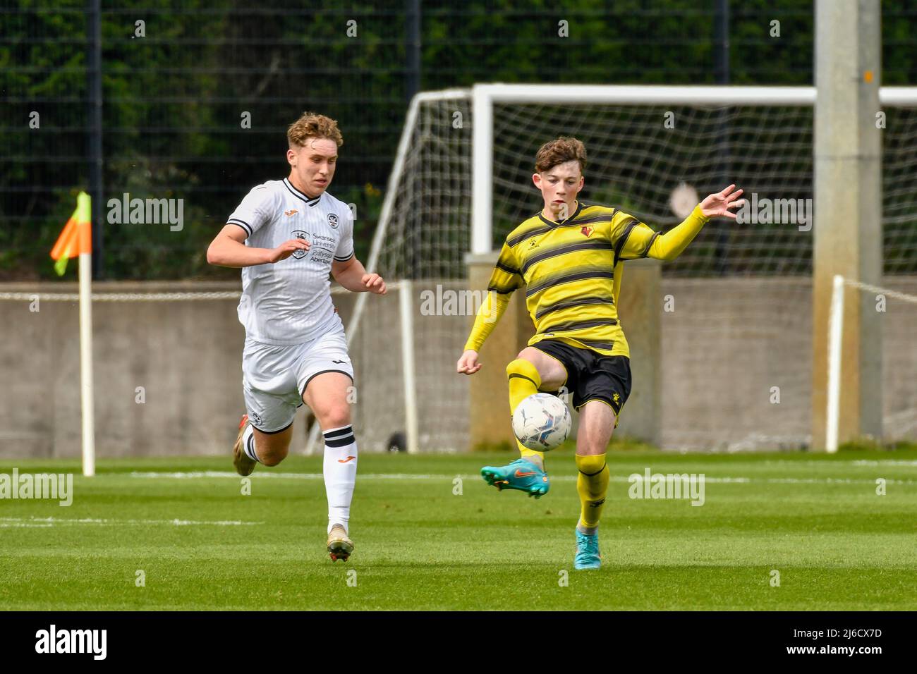 Swansea, Wales. 30 April 2022. Charlie Davis of Watford Under 18s kicks the ball clear during the Professional Development League game between Swansea City Under 18 and Watford Under 18 at the Swansea City Academy in Swansea, Wales, UK on 30 April 2022. Credit: Duncan Thomas/Majestic Media/Alamy Live News. Stock Photo