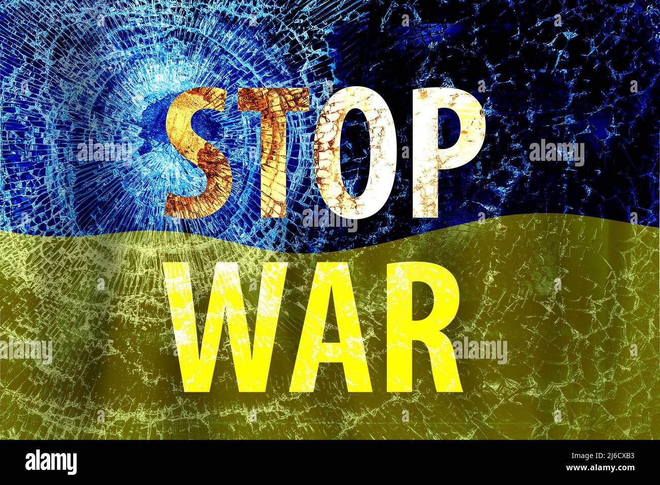 Stop war background with bullet hole and brocken glass. No war in Ukraine Stock Photo