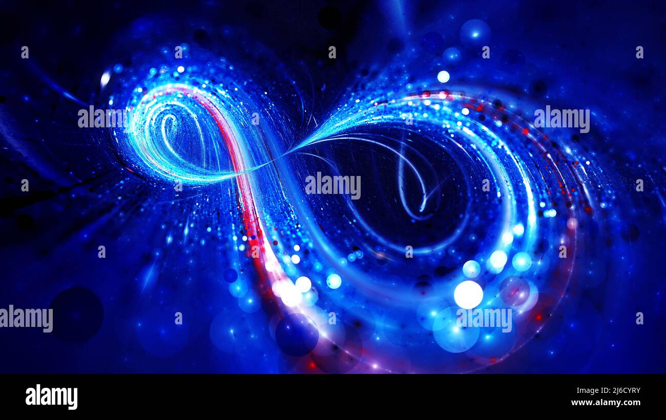 Blue glowing infinity loop in space with bokeh, computer generated abstract background, 3D rendering Stock Photo