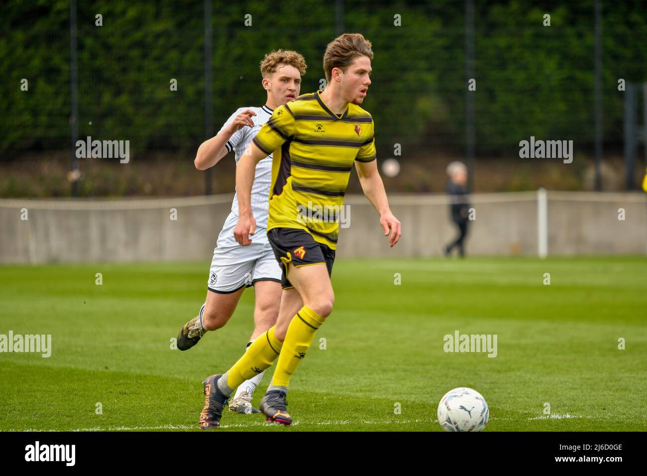 Swansea, Wales. 30 April 2022. George Abbott of Watford Under 18s during the Professional Development League game between Swansea City Under 18 and Watford Under 18 at the Swansea City Academy in Swansea, Wales, UK on 30 April 2022. Credit: Duncan Thomas/Majestic Media/Alamy Live News. Stock Photo