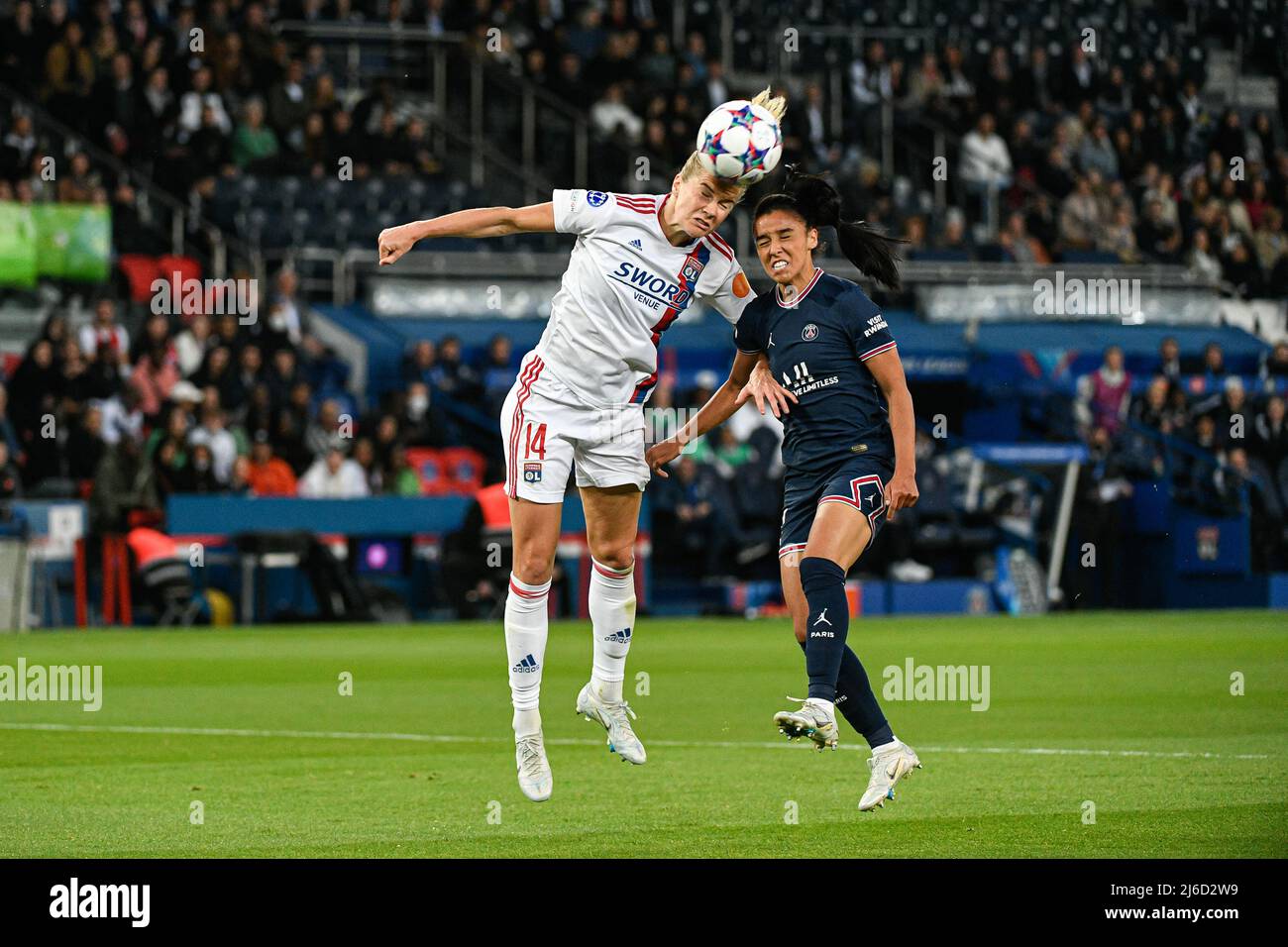 Paris, France. 30th Apr, 2022. Ada Hegerberg scores a goal from head during  the UEFA Women's Champions League, semi-finals, 2nd leg football match  between Paris Saint-Germain (PSG) and Olympique Lyonnais (OL) on