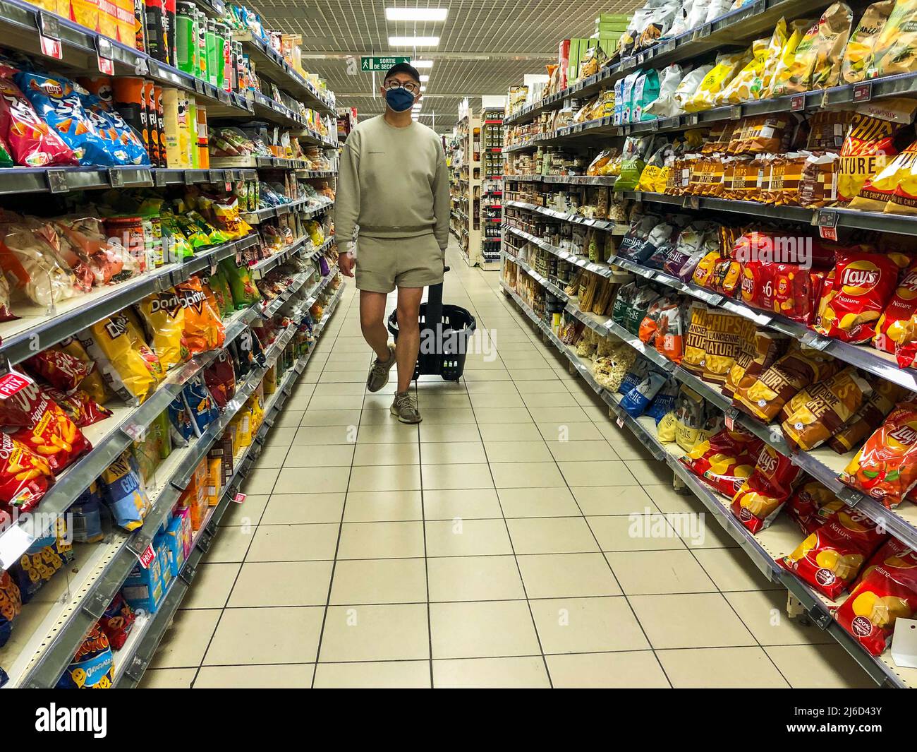 Paris, France, inside French Supermarket, Monoprix, Potato Chips Section, Shelves, Aisles