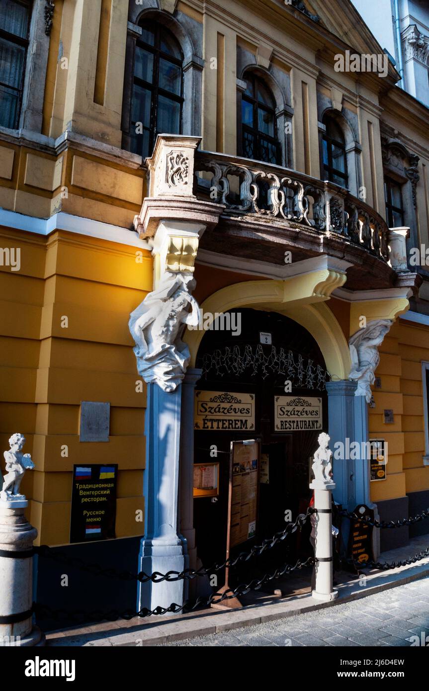 Hungarian cuisine in ancient Baroque building in Budapest. Stock Photo