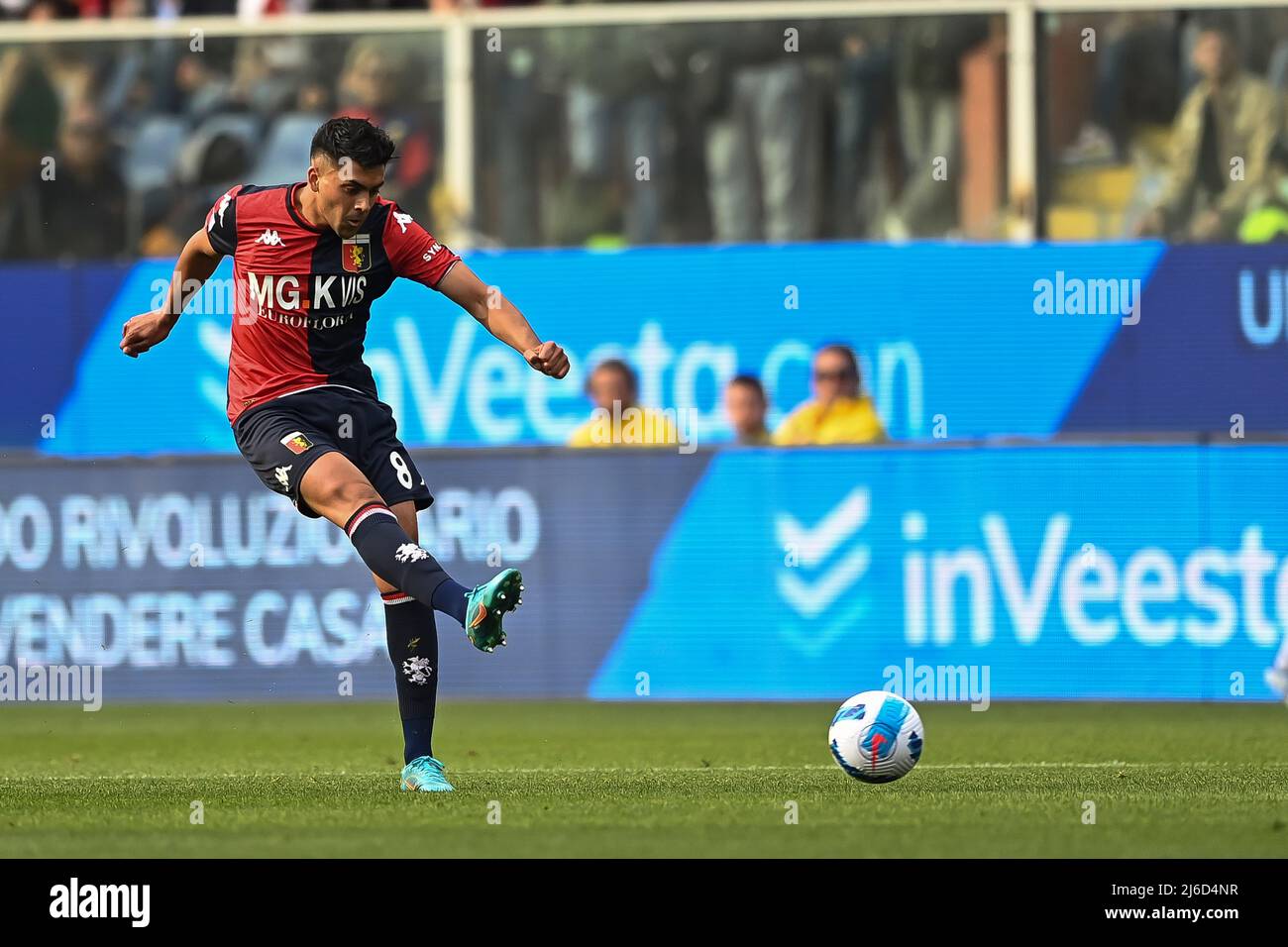 Genoa, Italy. 30 April 2022. Antonio Candreva of UC Sampdoria fouls Nadiem  Amiri of Genoa CFC during the Serie A football match between UC Sampdoria  and Genoa CFC. Credit: Nicolò Campo/Alamy Live