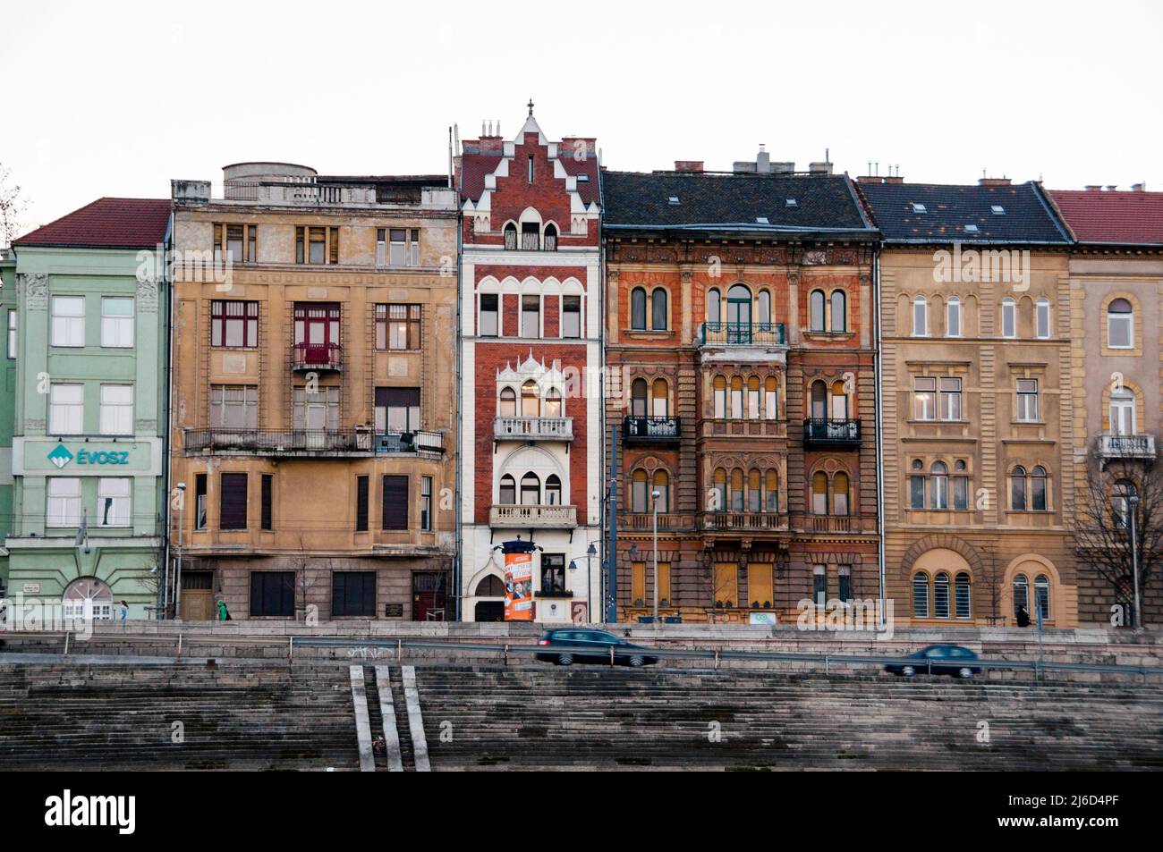Crow-stepped gable of townhouse along the Danube river in Budapest, Spain. Stock Photo
