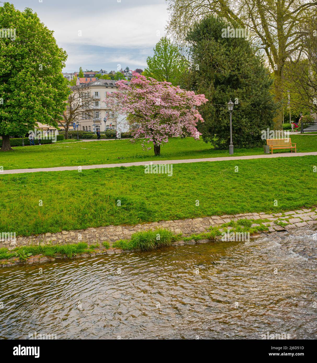 The river Oos in the spa gardens of Baden Baden. Baden Wuerttemberg, Germany, Europe Stock Photo
