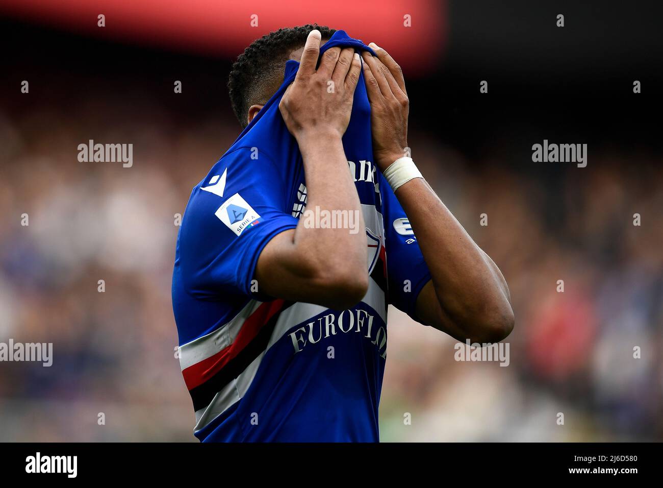 Genoa, Italy. 30 April 2022. Antonio Candreva of UC Sampdoria fouls Nadiem  Amiri of Genoa CFC during the Serie A football match between UC Sampdoria  and Genoa CFC. Credit: Nicolò Campo/Alamy Live