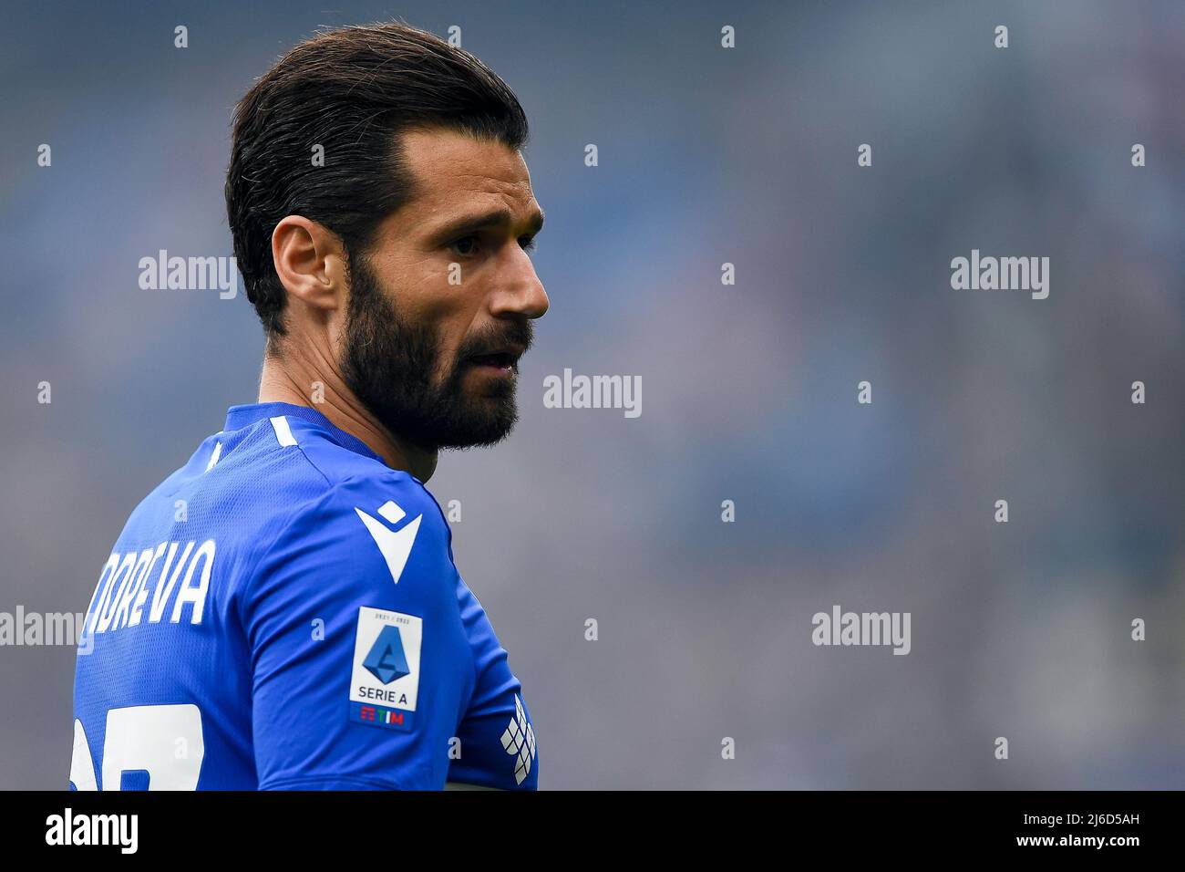 Genoa, Italy. 30 April 2022. Antonio Candreva of UC Sampdoria competes for  the ball with Pablo Galdames of Genoa CFC during the Serie A football match  between UC Sampdoria and Genoa CFC.