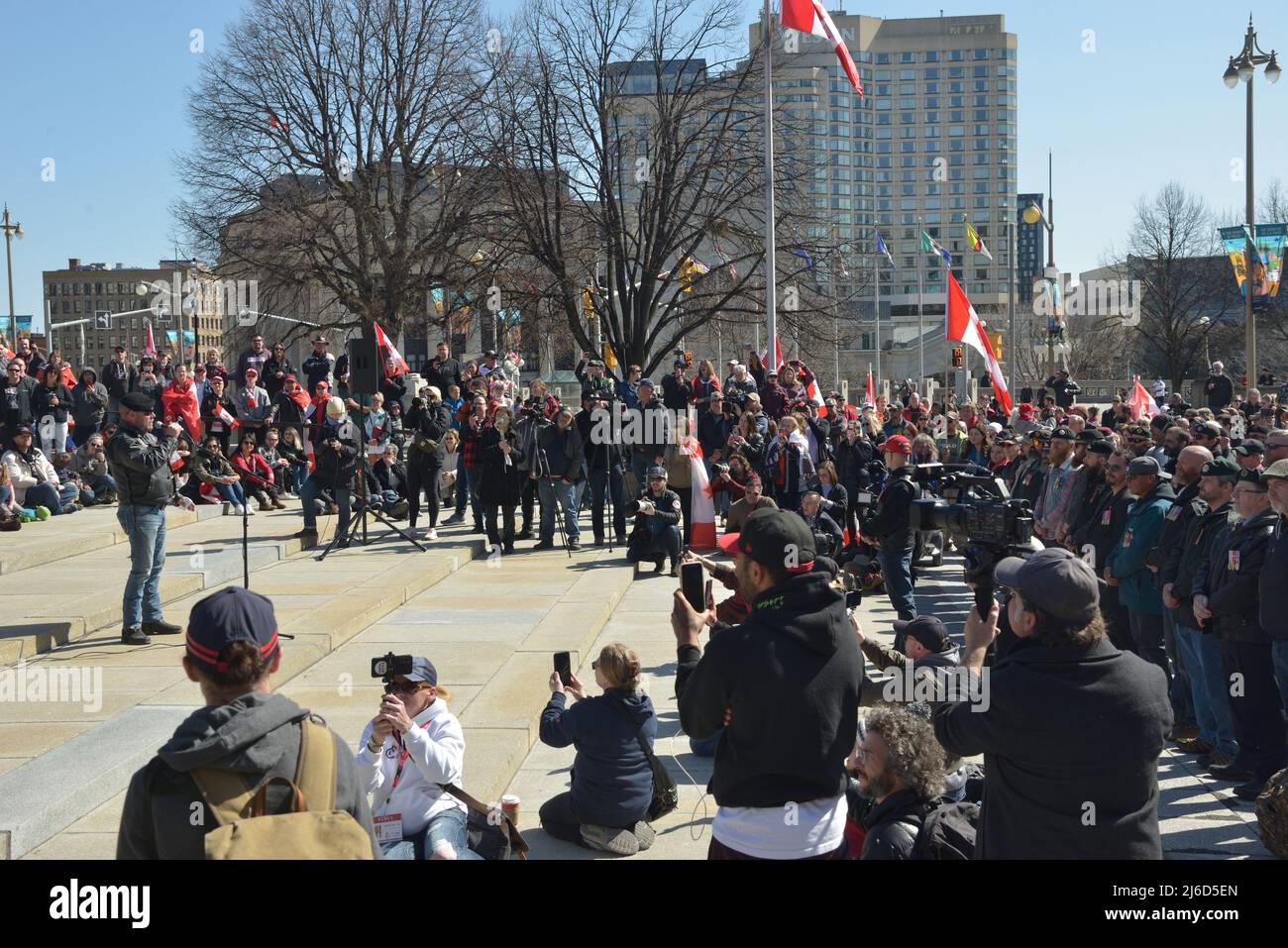 Saturday, April 30, 2022, Ottawa Canada. The “Live From The Shed”, “Freedom Fighters Canada” and “Veterans For Freedom” -- “Rolling Thunder Convoy” -- Memorial Event/ Protest.  Veterans from these groups gave impassioned speeches and laid at a ceremonial wreath at the foot of The National War Memorial before a sizeable crowd, this followed by an indeed, thunderous parade of motorcycles doing a pass-by on Elgin Street just south of The Memorial. Many Ottawa and Ontario Provincial Police Services Members were also on hand to protect public safety. Stock Photo
