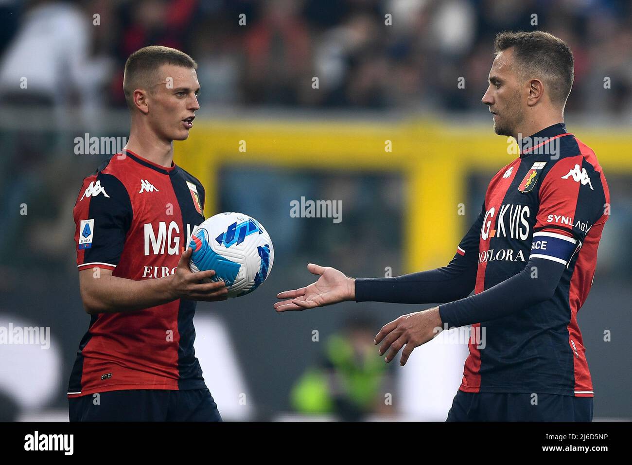 Genoa, Italy. 30 April 2022. Antonio Candreva of UC Sampdoria competes for  the ball with Pablo Galdames of Genoa CFC during the Serie A football match  between UC Sampdoria and Genoa CFC.