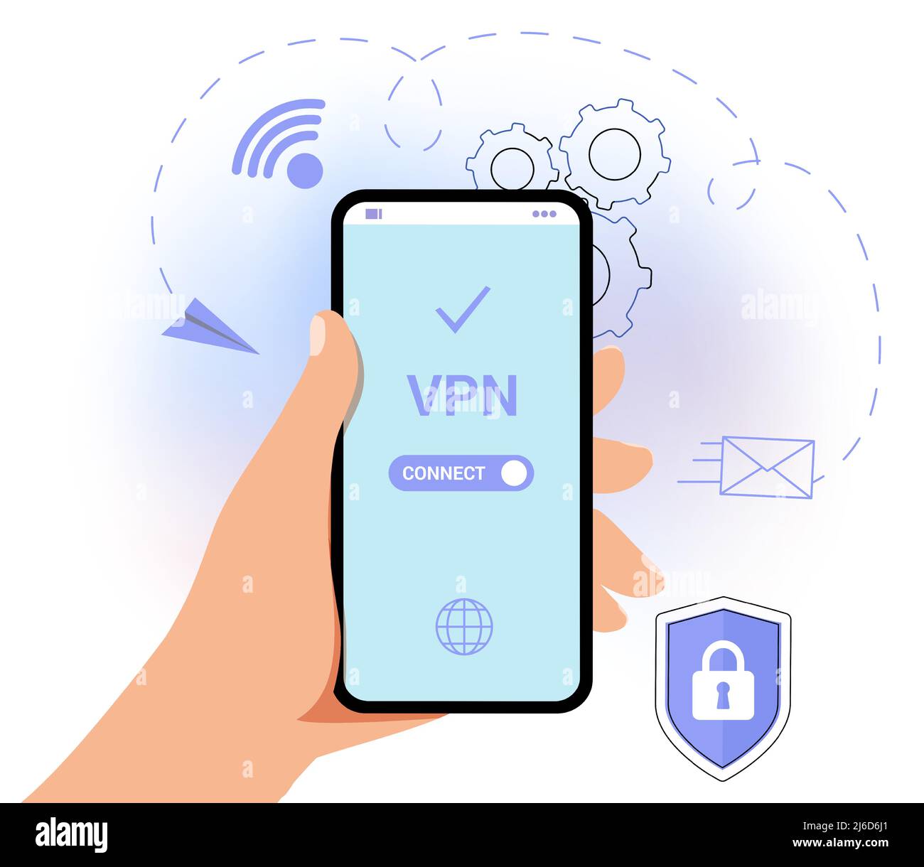 VPN Service Concept Virtual private network App for secure connection Data encryption Remote server Cloud technology Vector illustration Internet serv Stock Vector