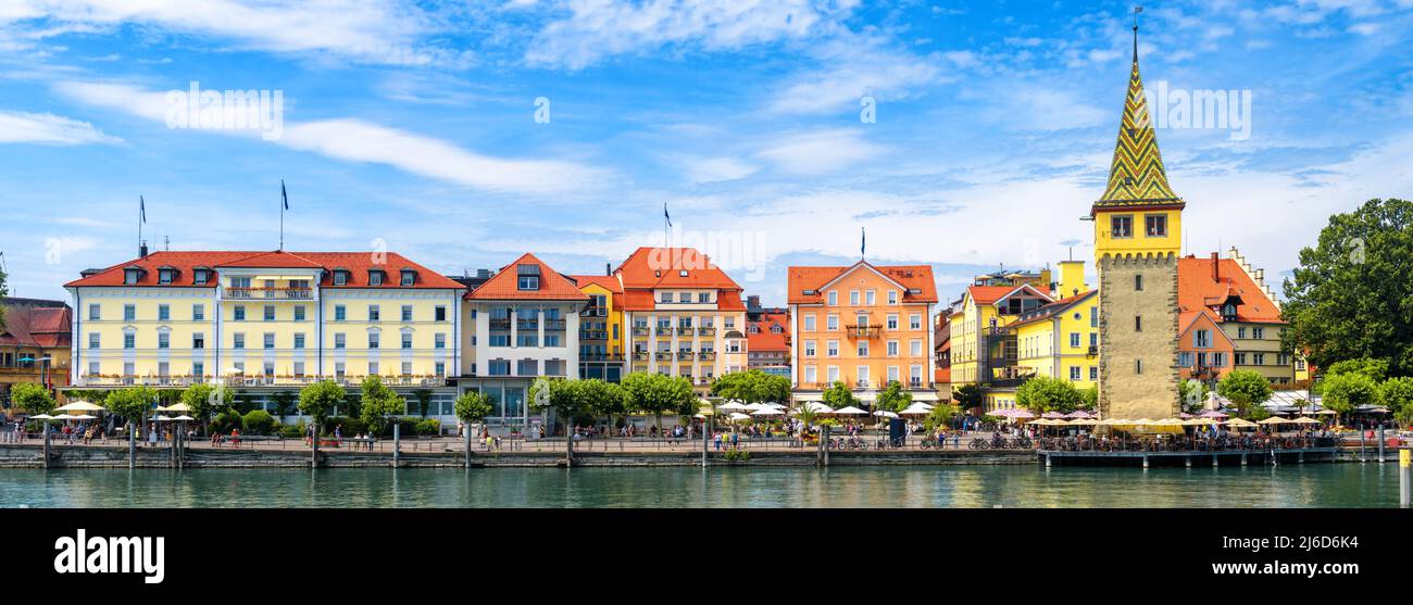 Panorama of Lindau city, Germany, Europe. It is tourist attraction of Bavaria. Panoramic view of houses on Lindau island, landscape of Lake Constance Stock Photo