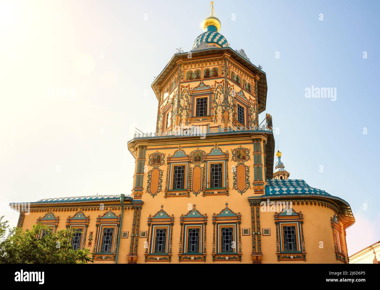 Cathedral of Saints Peter and Paul, Kazan, Tatarstan, Russia. It is tourist attraction of Kazan. Ornate painted Russian Orthodox church in summer, sun Stock Photo