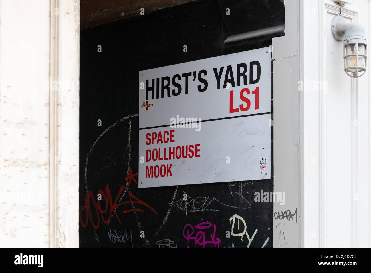 Hirst's Yard LS1 sign - Space, Dollhouse, Mook - off Call Lane, Leeds, West Yorkshire, England, UK Stock Photo