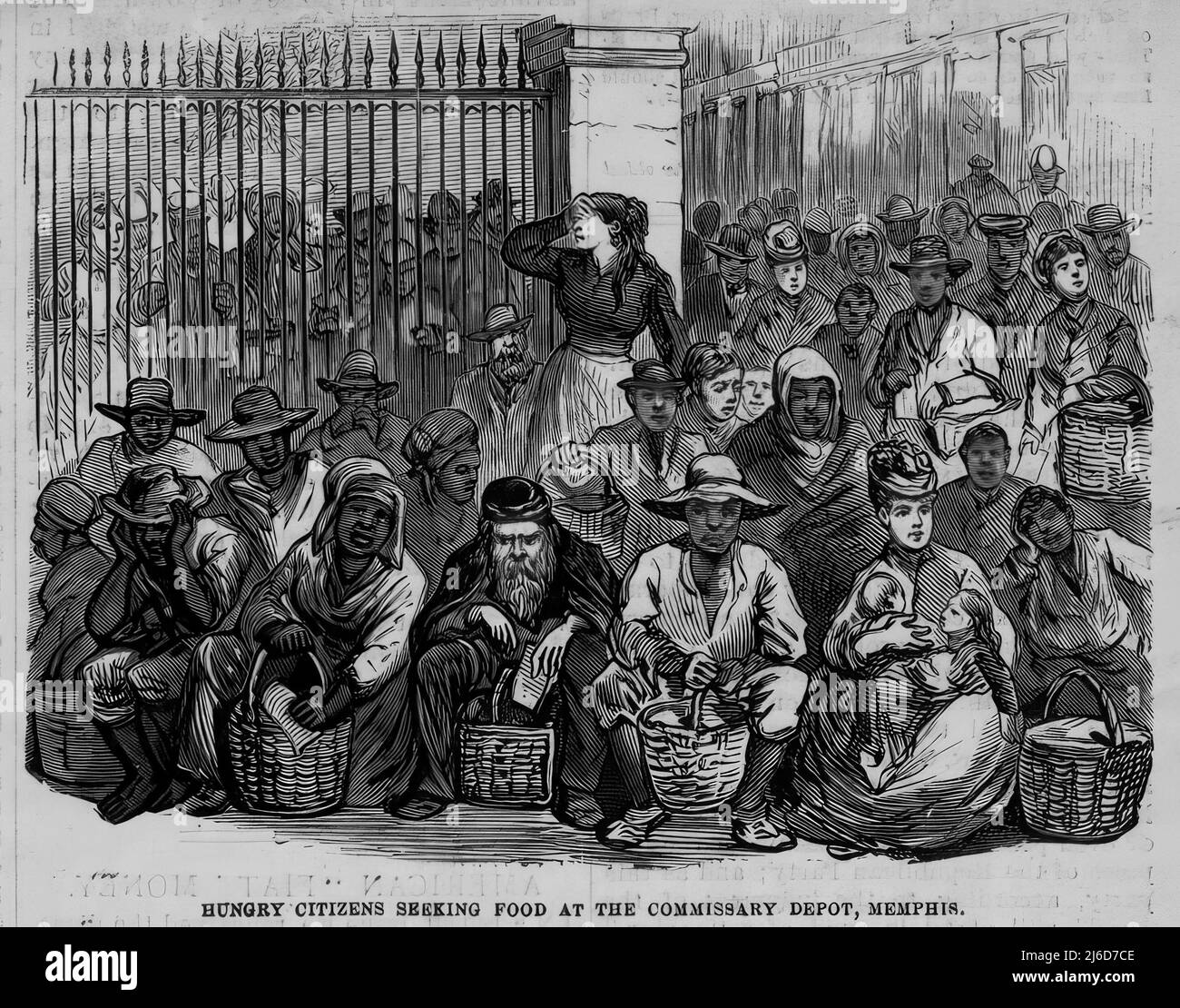 Hungry Citizens Seeking Food at the Commissary Depot, Memphis, Tennessee. 1878 illustration Stock Photo