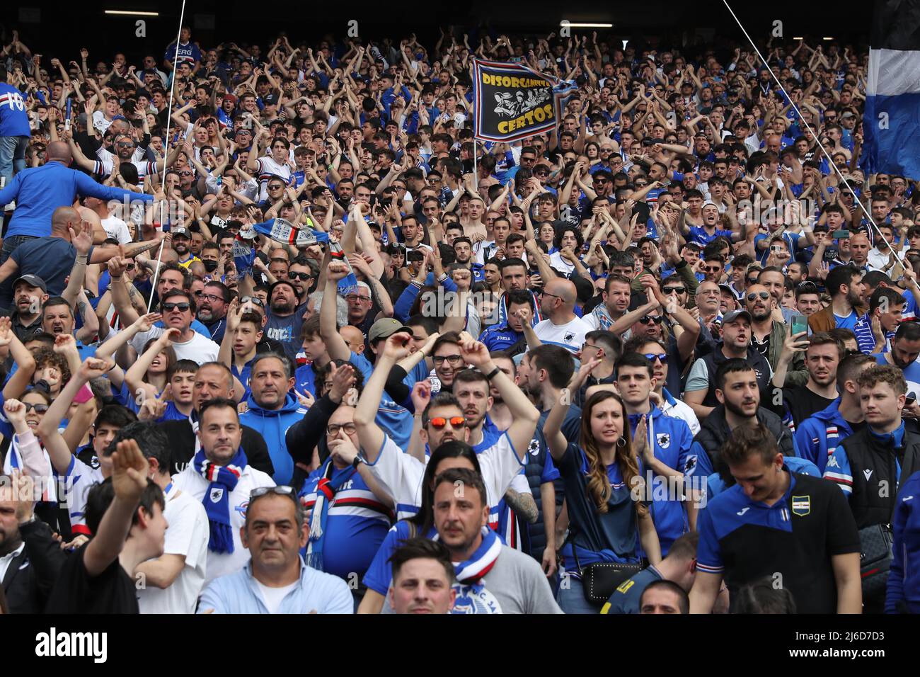Genoa, Italy. 30 April 2022. Fans of UC Sampdoria show their suport prior  to the Serie