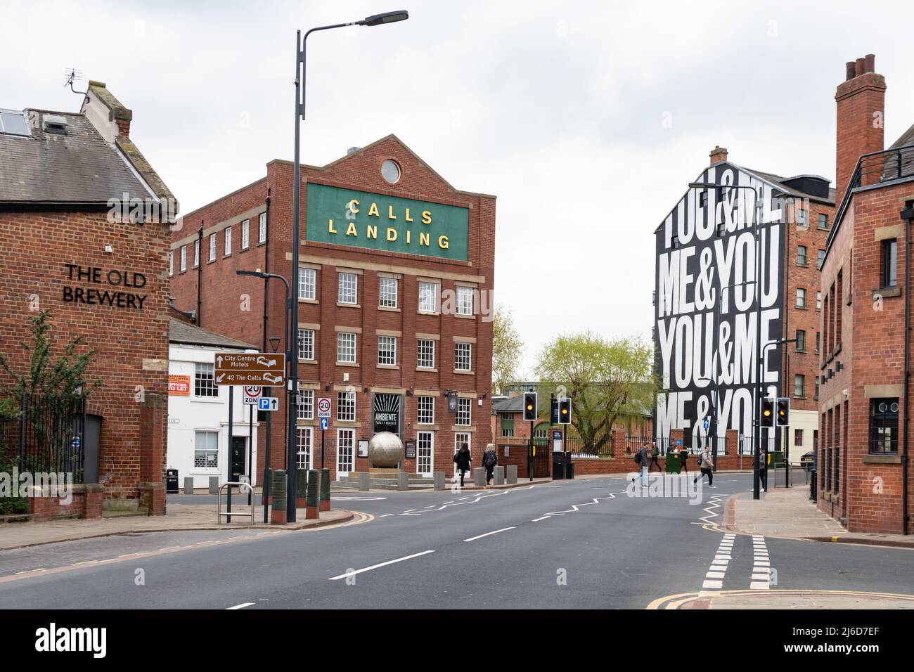 The Calls, Leeds - The Old Brewery, Calls Landing and You and Me, Me & You mural by Anthony Burrill and In Good Company, The Calls, Leeds, England, UK Stock Photo