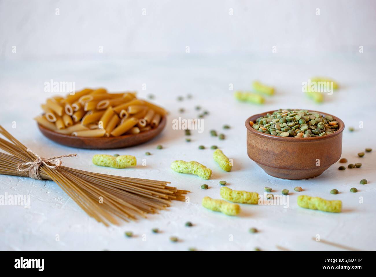 Different types of pasta and snacks made of pea flour, no gluten food Stock Photo