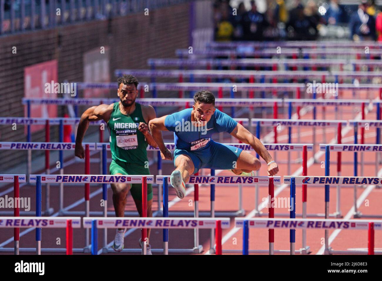 PHILADELPHIA, PA APRIL 30 Devon Allen wins the menÃ s 100 Hurdle