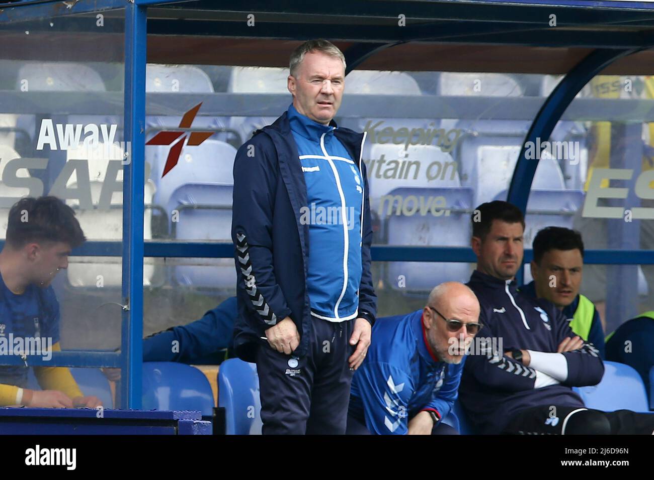 Birkenhead, Wirral, UK. 30th April, 2022. John Sheridan, the Manager of Oldham Athletic looks on from the technical area. EFL Skybet Football league two match, Tranmere Rovers v Oldham Athletic at Prenton Park, Birkenhead, Wirral on Saturday 30th April 2022. this image may only be used for Editorial purposes. Editorial use only, license required for commercial use. No use in betting, games or a single club/league/player publications.pic by Chris Stading/Andrew Orchard sports photography/Alamy Live News Stock Photo