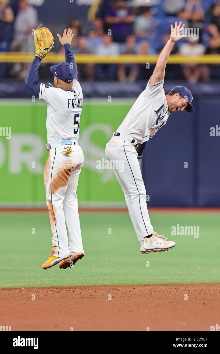 St. Petersburg, FL. USA; Tampa Bay Rays right fielder Brett Phillips (35)  and shortstop Wander Franco (5) celebrate the win after a major league base  Stock Photo - Alamy