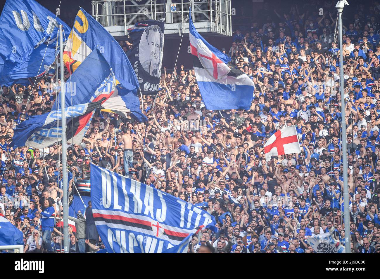 Genoa, Italy. 30 April 2022. Antonio Candreva of UC Sampdoria competes for  the ball with Pablo Galdames of Genoa CFC during the Serie A football match  between UC Sampdoria and Genoa CFC.