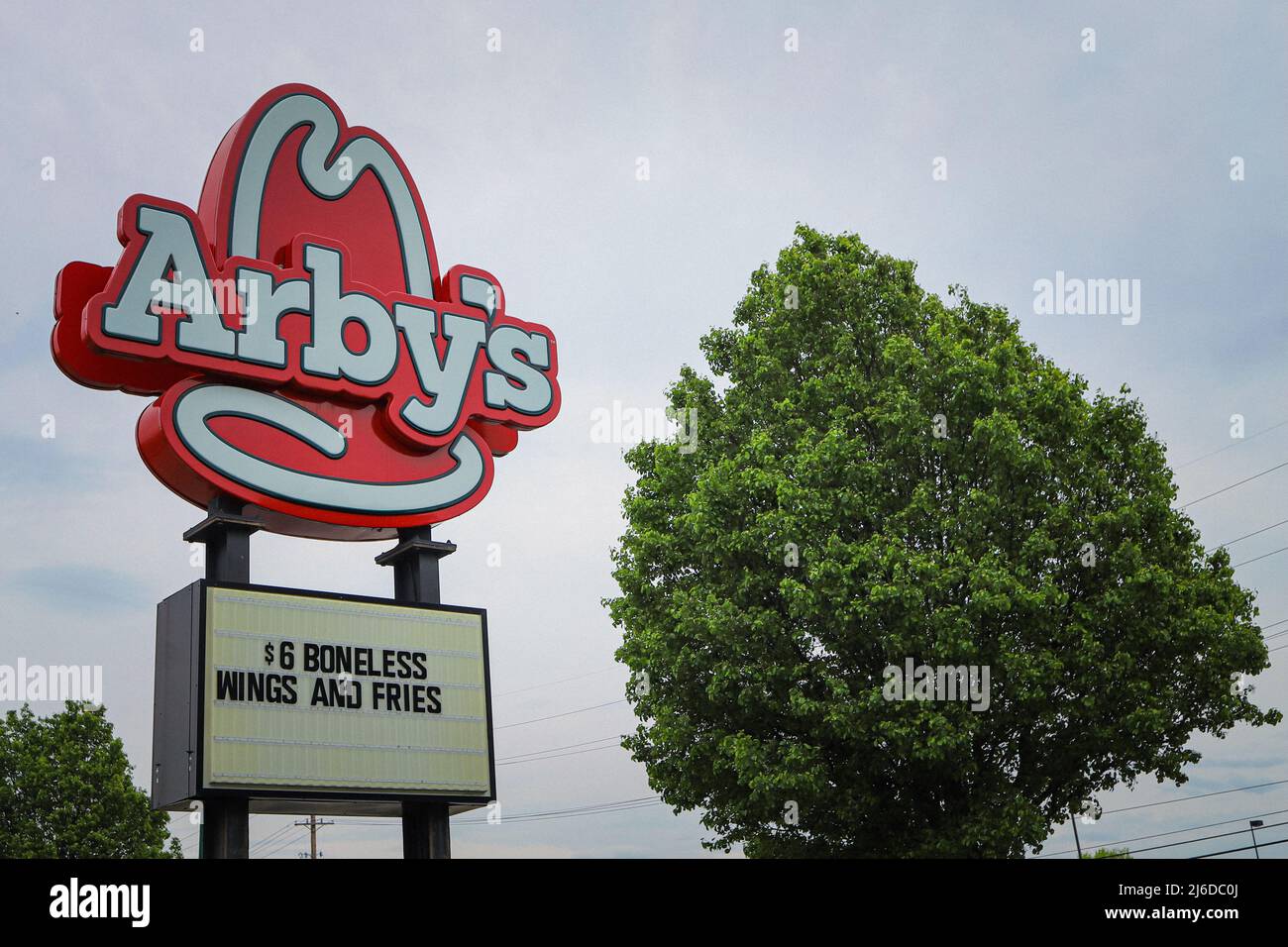 Clarksville, Indiana USA  April 30, 2022:   A view of a Arby’s sign in Clarksville,  Indiana Stock Photo