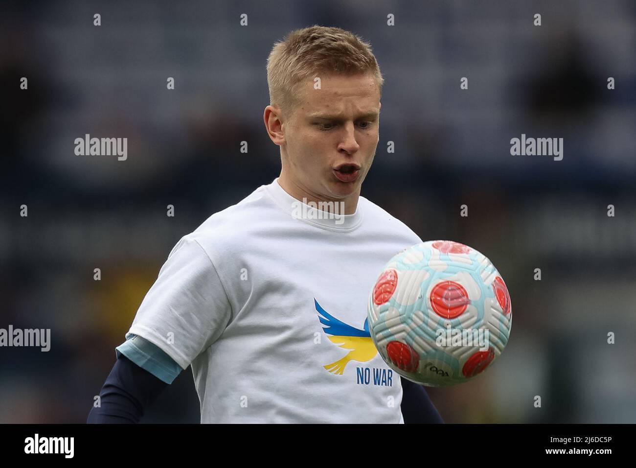 Oleksandr Zinchenko 11 of Manchester City wearing a ‘No War’ shirt, in
