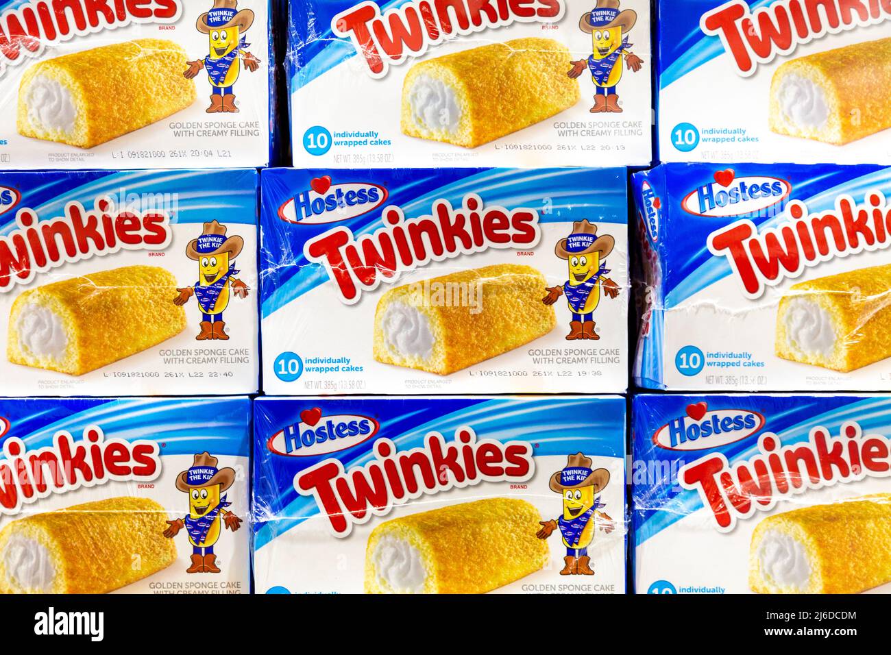 Stacked boxes of American sponge cake snacks Twinkies Stock Photo