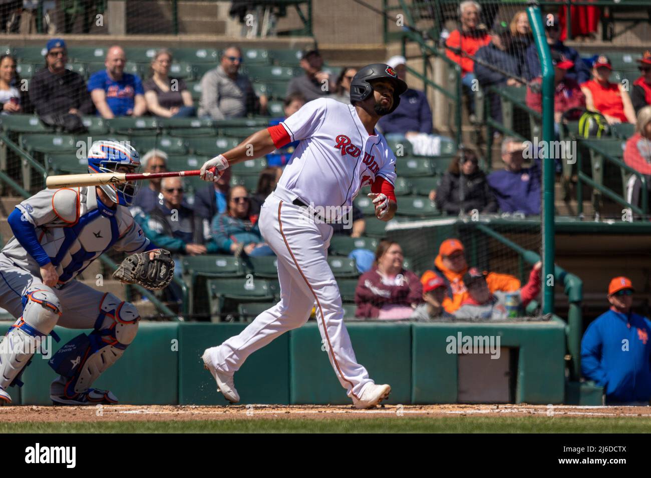 April 30, 2022: Rochester Red Wings infielder Luis Garcia (2) makes a throw  against the Syracuse Mets. The Rochester Red Wings hosted the Syracuse Mets  in an International League game at Frontier